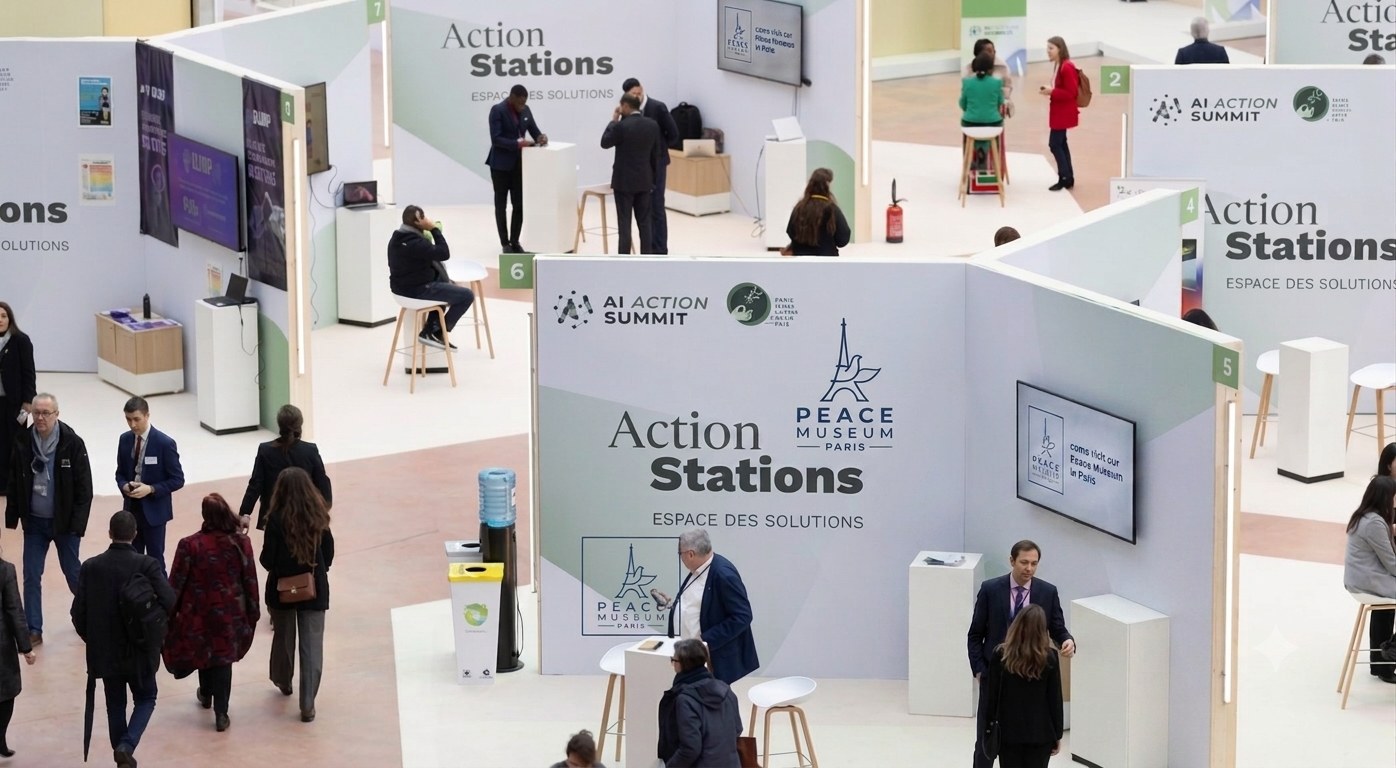 Peace Museum Paris Action Stations kiosk at the AI Action Summit, Paris Peace Forum